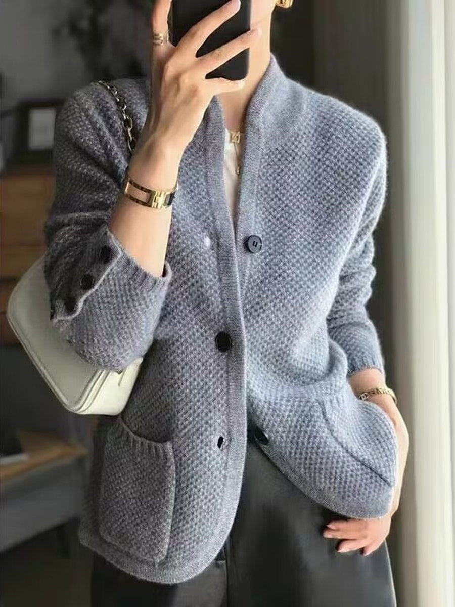 Button Stand Collar Cropped Knitted Cardigan