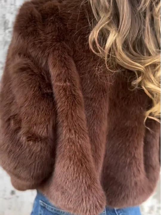 Chic Eco-friendly Faux Fur Stand Collar Zip-up Jacket