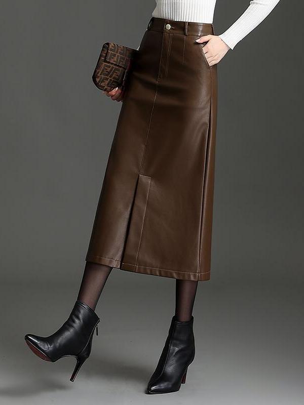 Elegant Side Slit Straight PU Leather Pencil Skirt