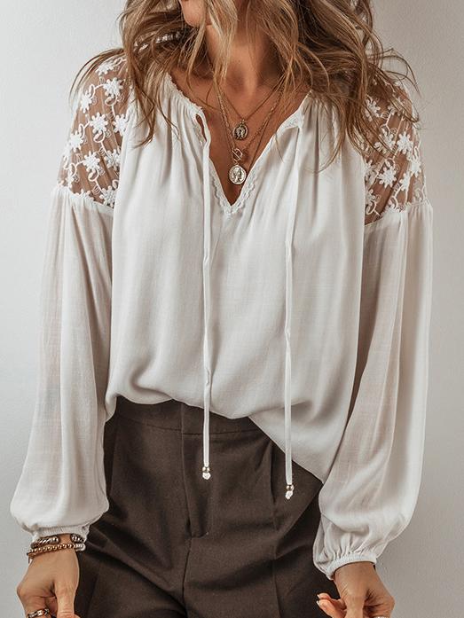 Elegant Sheer Lace Patchwork Loose Chiffon Blouse