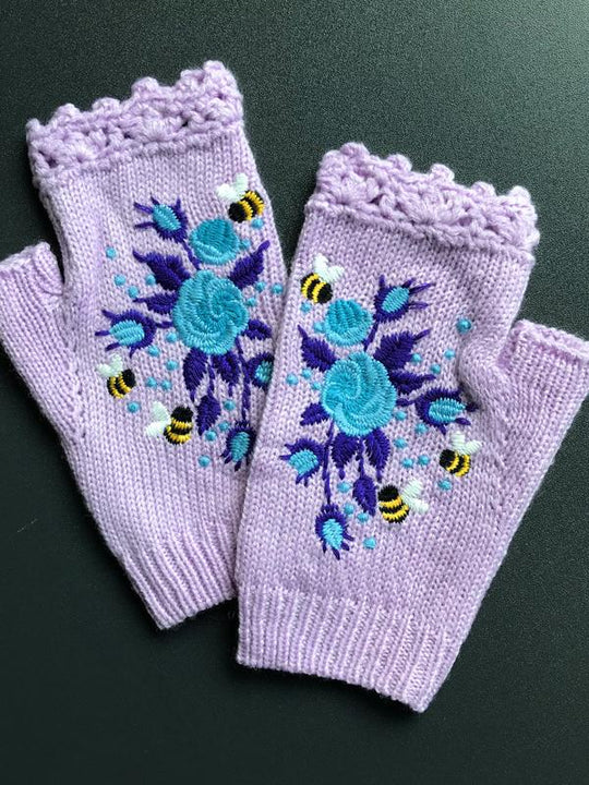 Bee and Flower Embroidery Warm Woolen Half-Finger Gloves