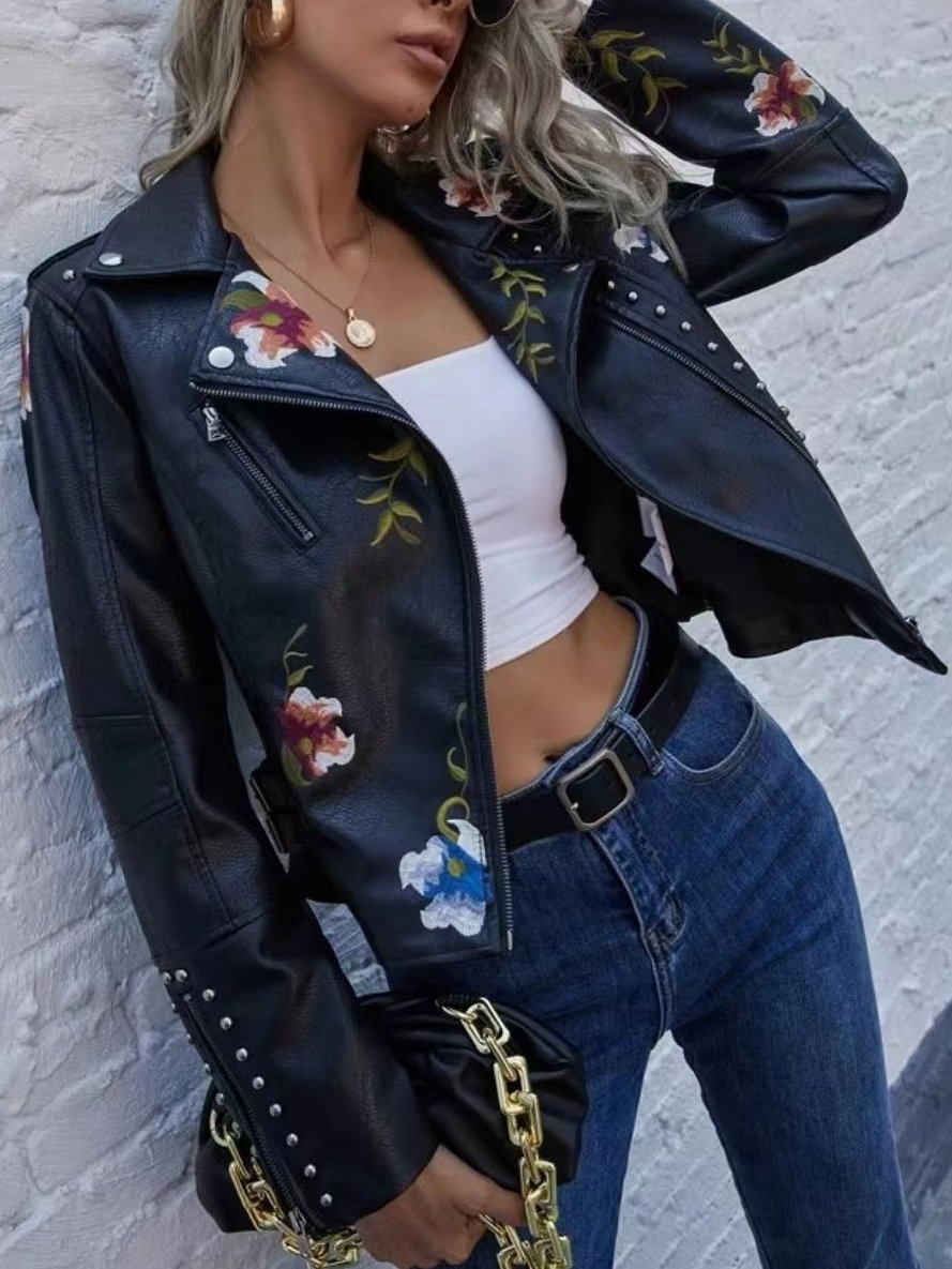 Stylish Elegant Embroidered Rivet Leather Jacket