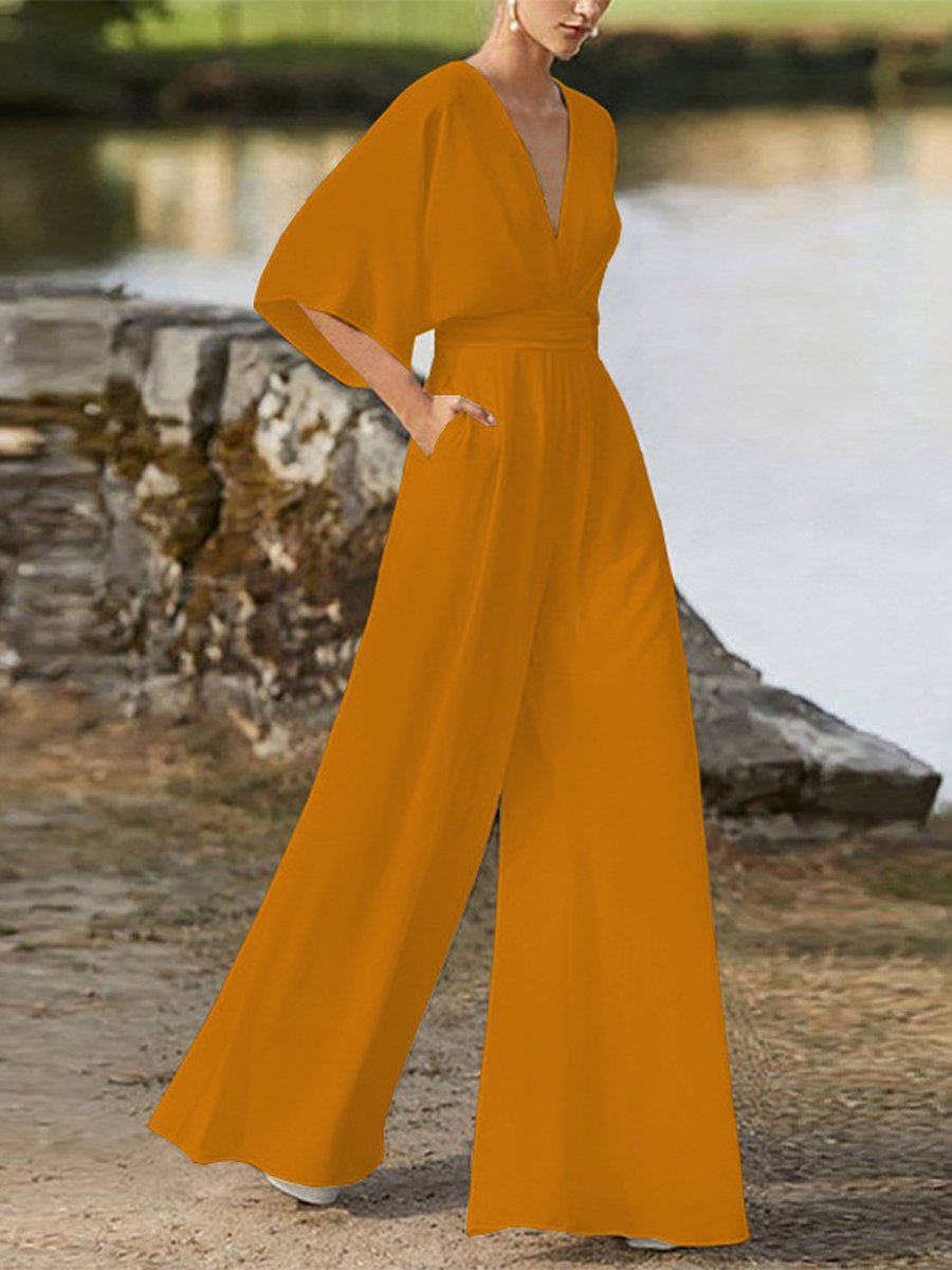 V-Neck High-Waisted Wide-Leg Jumpsuit