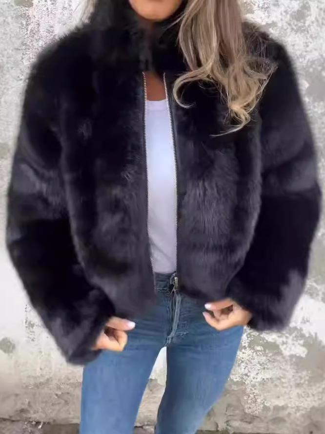 Chic Eco-friendly Faux Fur Stand Collar Zip-up Jacket