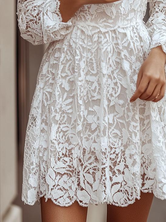 Stylish Round Neck A-line Long Sleeve Lace Dress