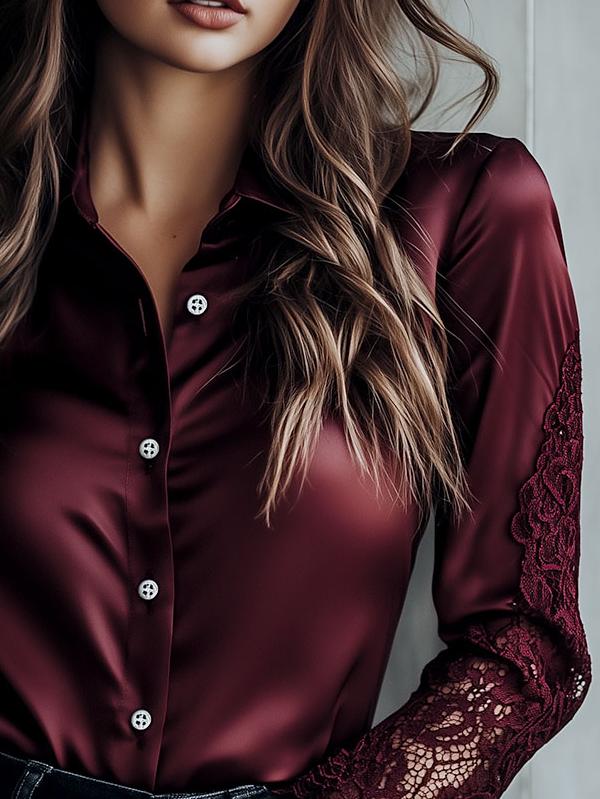 Chic Lace Patchwork Long Sleeve Satin Shirt