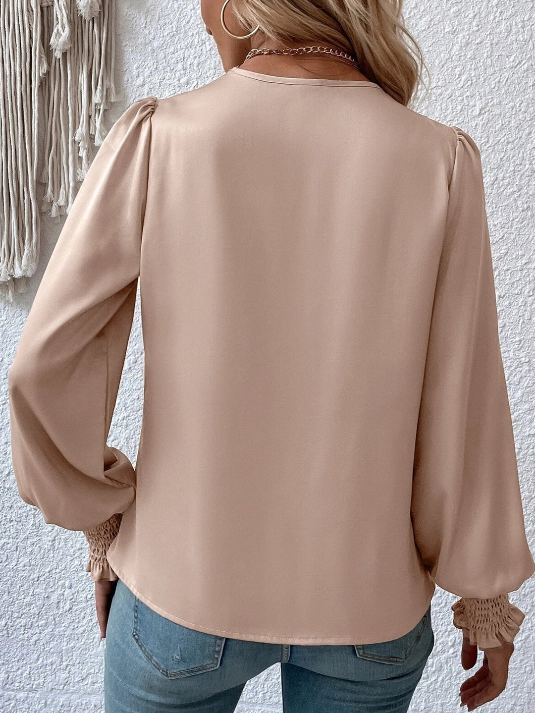 Elegant V-neck Pleated Lantern Sleeve Satin Blouse