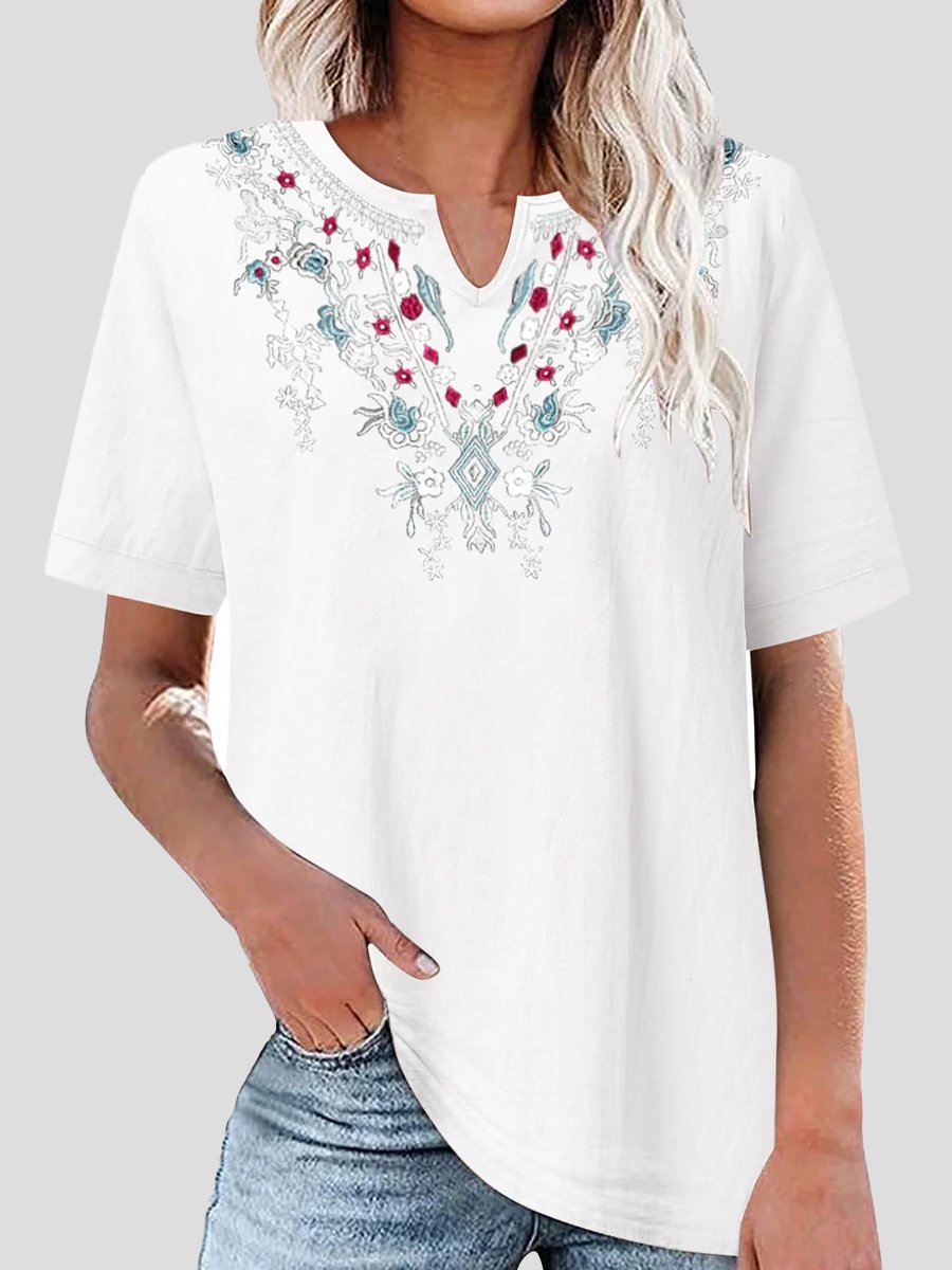 Cotton Linen Embroidered V-Neck Short Sleeve T-Shirt