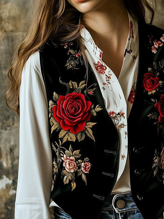 Retro Floral Printed Button Down Velvet Waistcoat