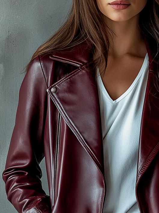 Women Casual Suit Collar Pockets Leather Jacket