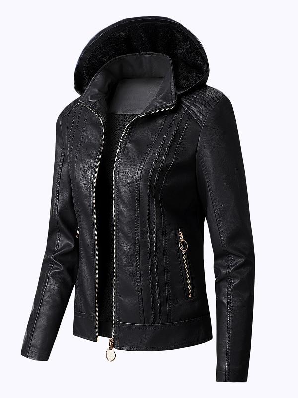 Chic Detachable Hood Lamb Lined Zipper-up Sheepskin Jacket