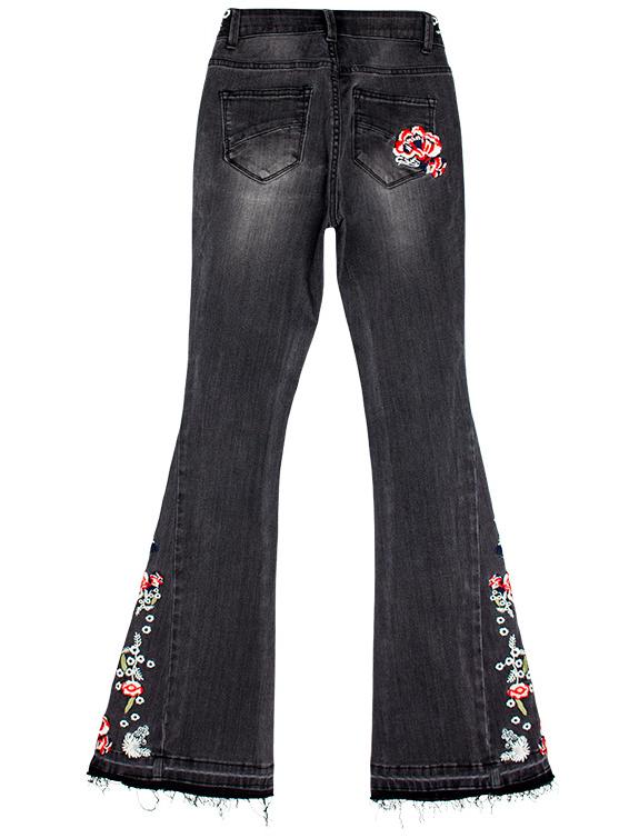 Elegant Embroidered Slim-fit Stretch Denim Flared Pants