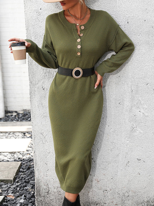 Elegant Crew Neck Half-placket Knited Midi Dress