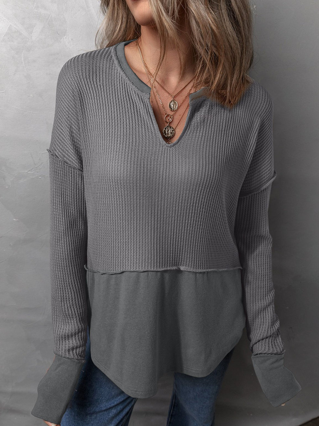 Casual V-neck Waffle Patchwork Loose-fitting Sweatshirt