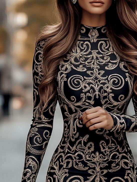 Women Baroque Pattern Mock Neck Bodycon Dress