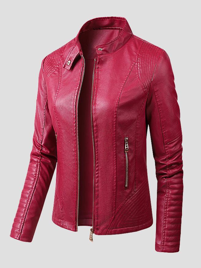 Chic Stand Collar Zipper-up Tailored Fit Skeepskin Jacket