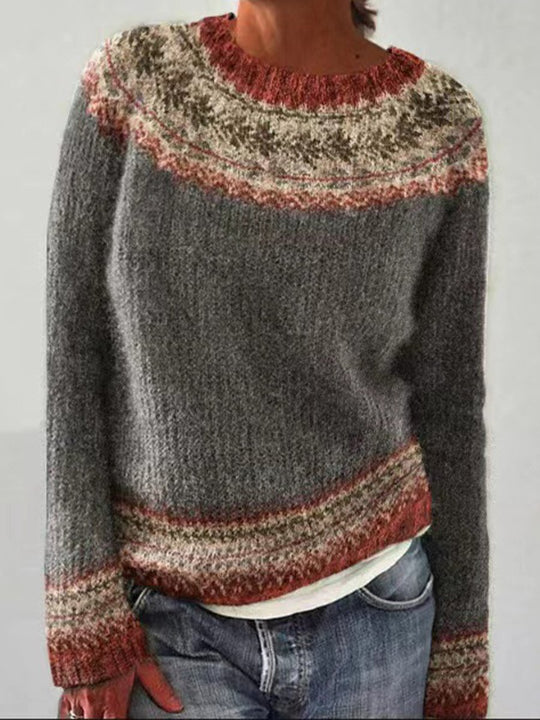 Ethnic Style Round Neck Color Block Sweater