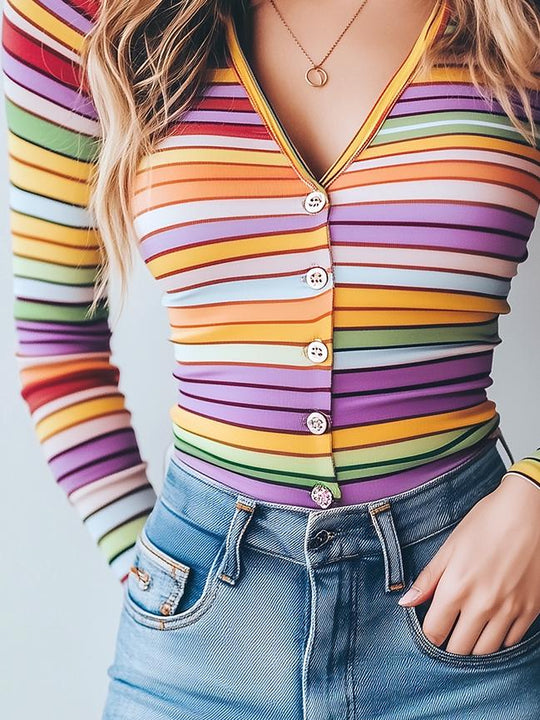 Stylish Single-breasted Rainbow Stripe Slim Fit Top