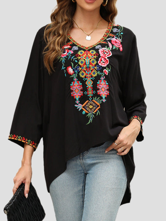 Ethnic Embroidered Loose-fitting V-neck Top