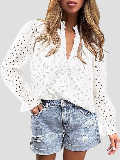 Elegant Half-open Hollow-out Lace Puff Sleeves Blouse