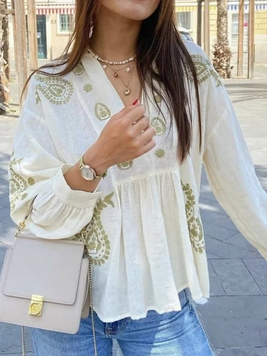 V-Neck Embroidered Loose Long-Sleeved Shirt