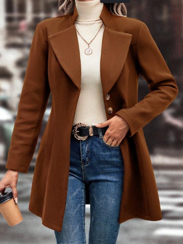 Chic Suit Collar Solid Color Woolen Coat