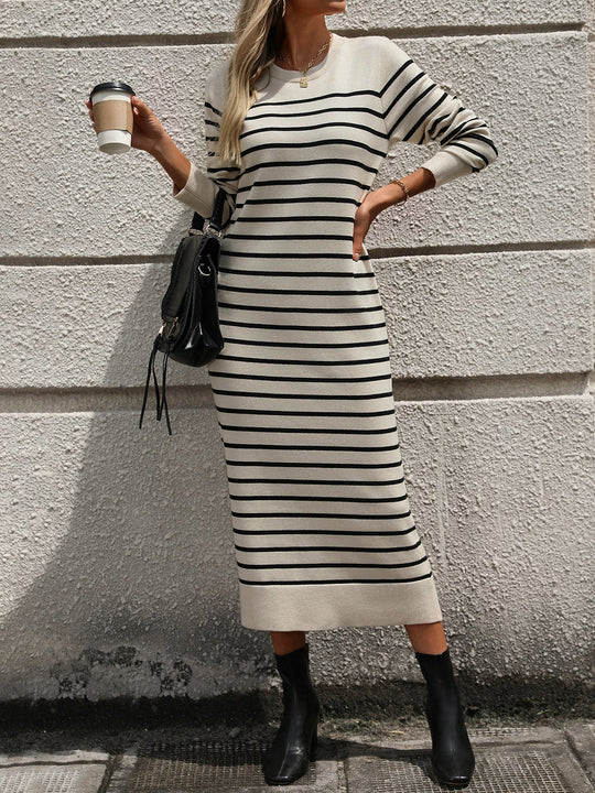 Classic Stripe Knited Long Sleeves Midi Dress