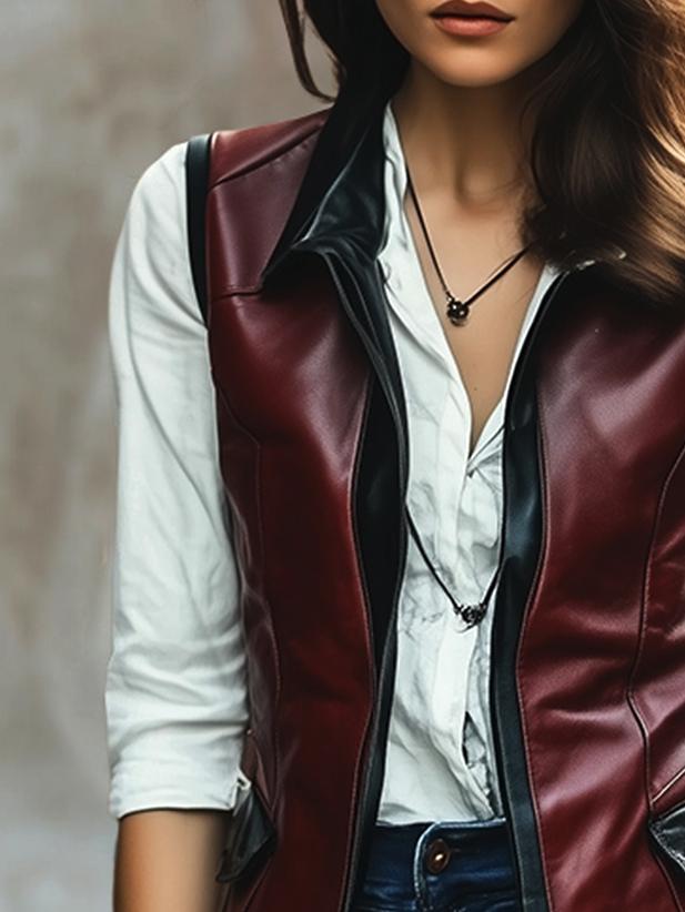 Chic Lapel Constract Trim Pockets Leather Waistcoat