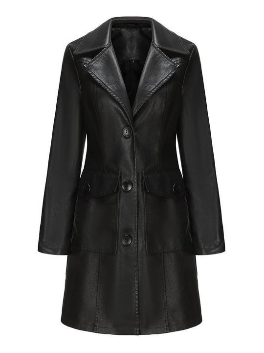 Classic Britsh Suits Collar Leather Long Jacket