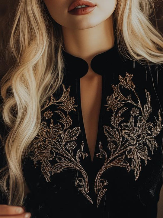 Elegant V-neck Embroidery Velvet Long Sleeves Top