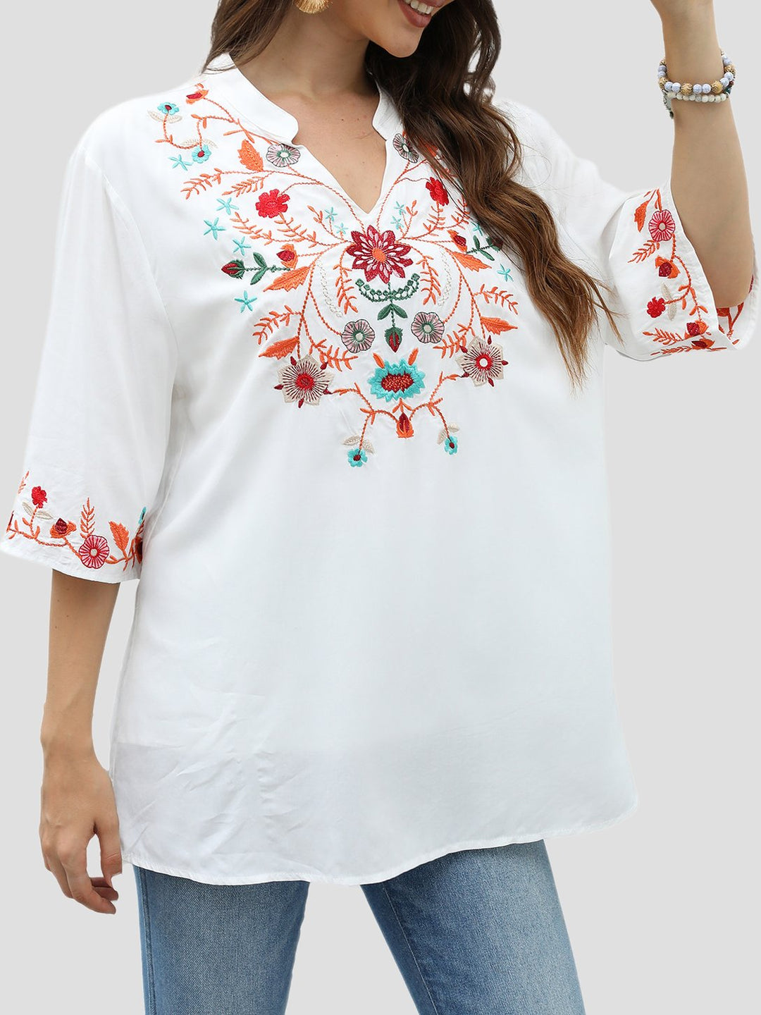 Chic Handmade Embroidered V-neck Loose Blouse