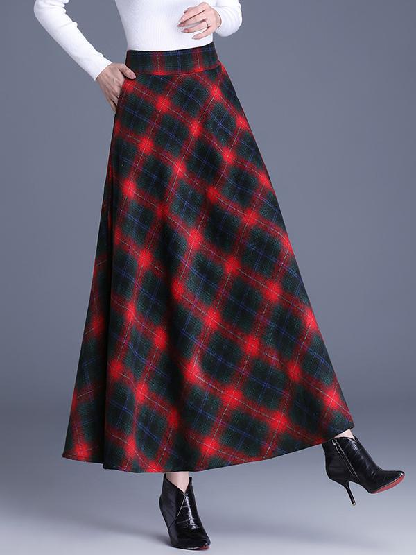 Elegant High-waist Color-block Grid Wool Blend Long Skirt