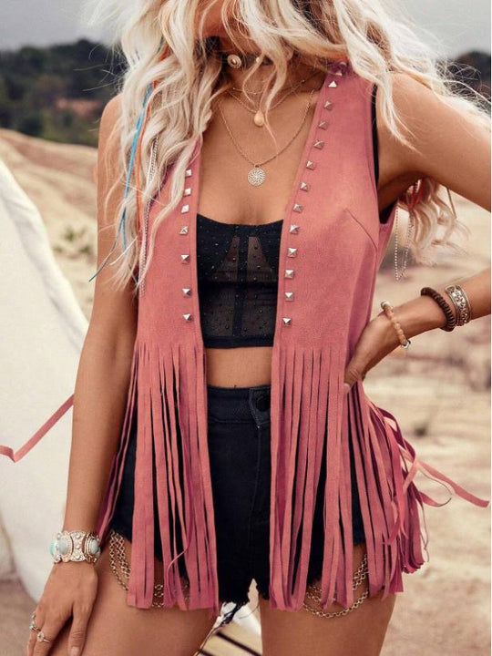 Chic Fringed and Rivet Suede Vest