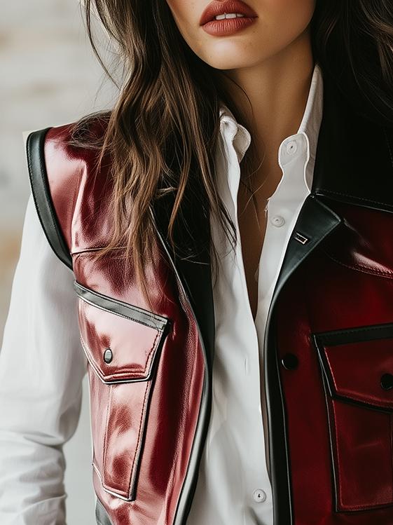 Chic Multiple-pockets Constract Trim Leather Biker Vest