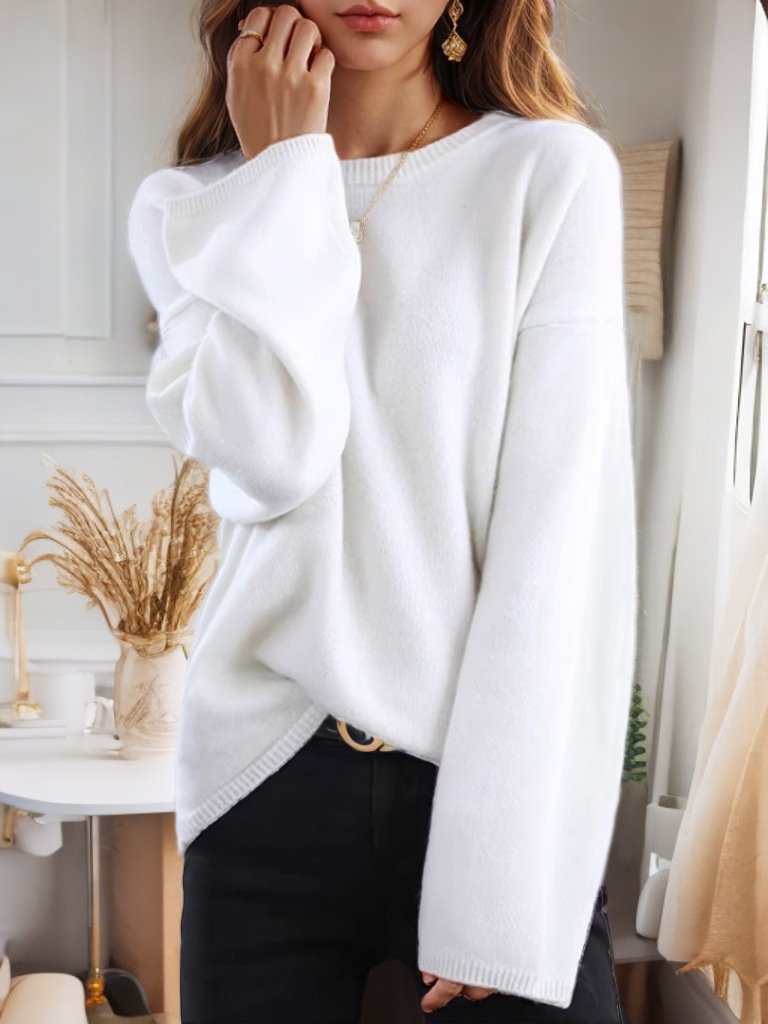 Crew Neck Drop-Shoulder Loose Pullover Knit Sweater