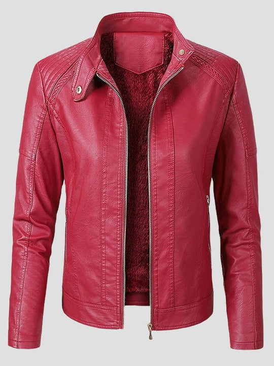 Women Warm Lined Stand Collar Leather Biker Jacket