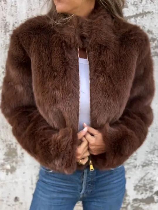 Chic Eco-friendly Faux Fur Stand Collar Zip-up Jacket