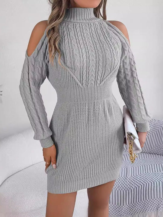 Off-shoulder Mock Neck Lantern Sleeves Cable Knit Bodycon Dress