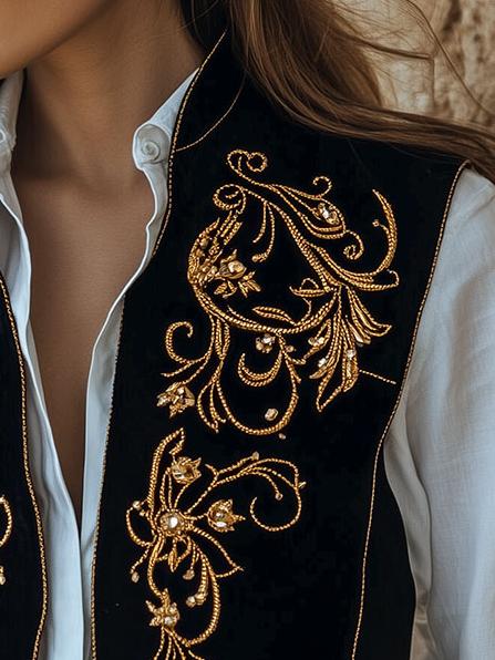 Boho Stand Collar Gold Thread Embroidery Suede Vest