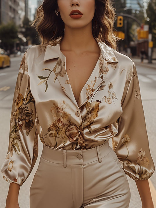 Champagne Floral Satin Blouse