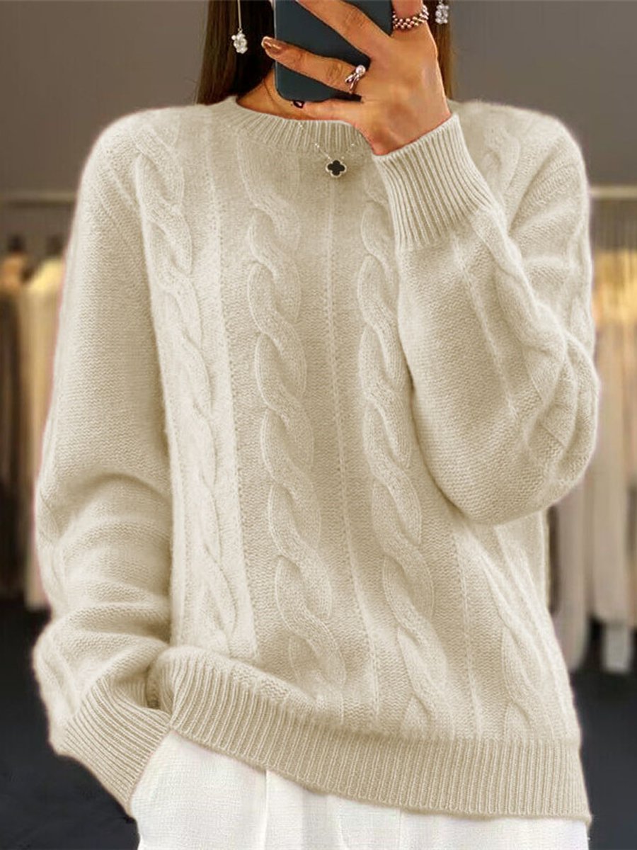 Crew Neck Solid Color Cable Knit Sweater