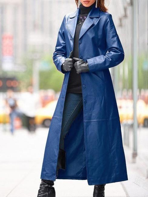 Suit Collar Solid Color Mid-length Leather Trench Coat