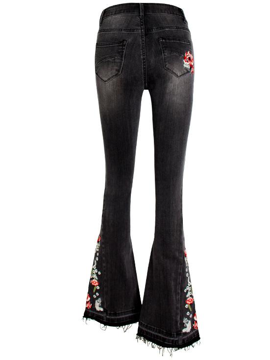 Elegant Embroidered Slim-fit Stretch Denim Flared Pants