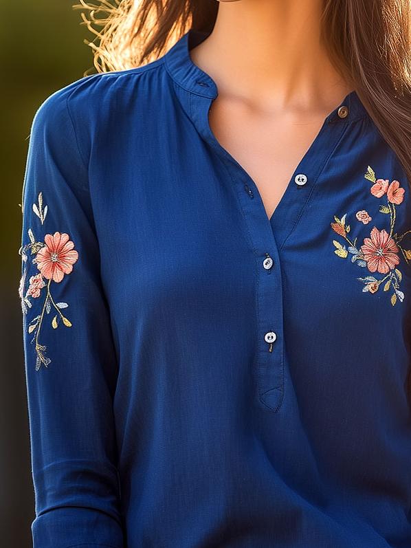 Bohemia Handmade Flower Embroidery Henley Shirt