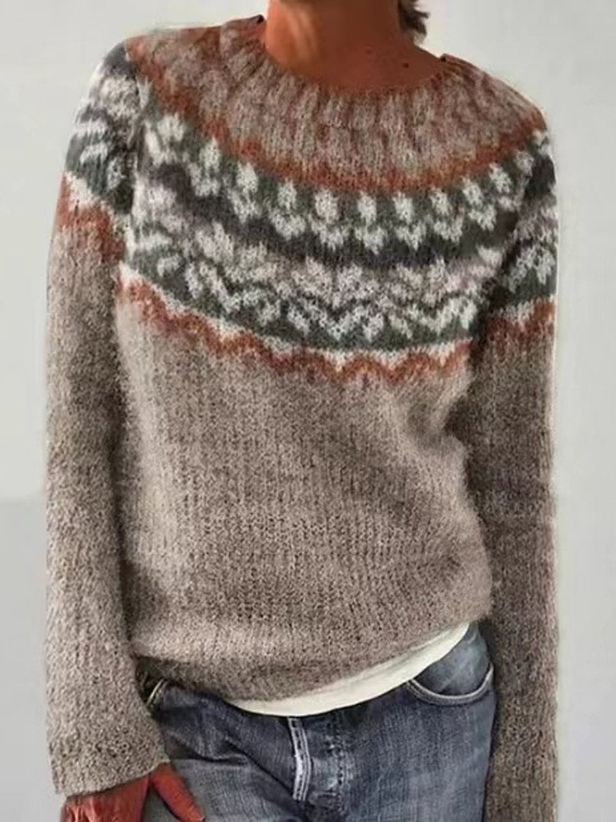 Ethnic Style Round Neck Color Block Sweater