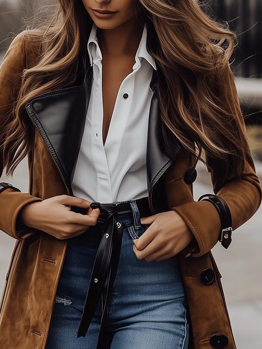 Chic Leather Patchwork Weatherproof Suede Trench Coat