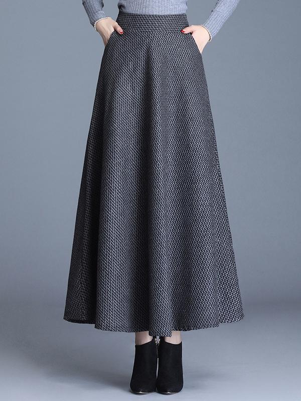 Elegant Elastic Waist Plaid Print Wool Blend Long Skirt