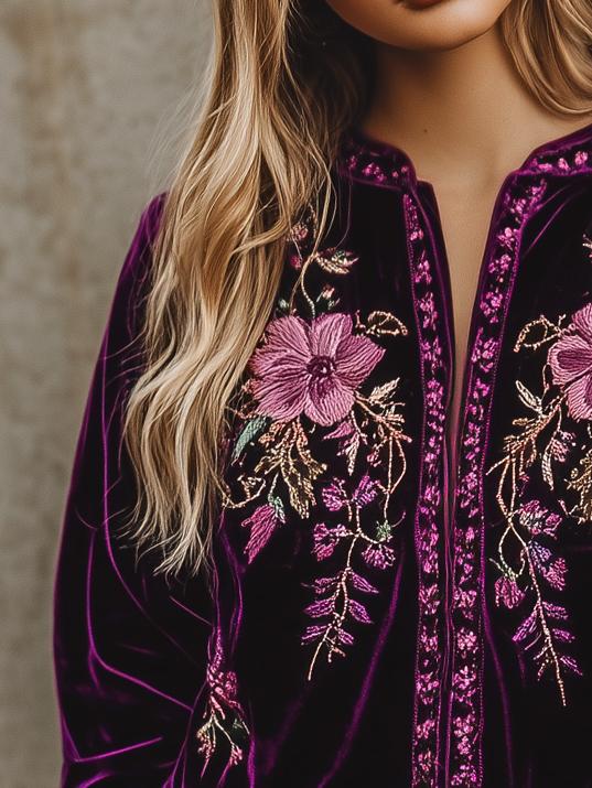 Retro Boho V-neck Flower Embroidery Velvet Shirt