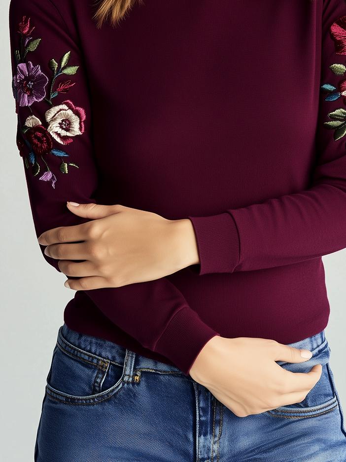 Casual Round Neck Floral Embroidery Sweatshirt