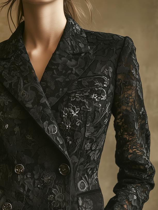 Retro Suit Collar Double-breasted Lace Blazer Jacket